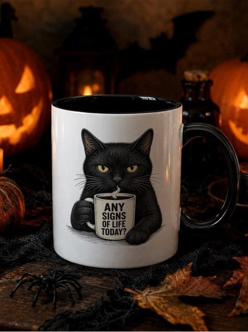 Black Cat Ceramic Mug with 'Any Signs of Life Today?' - Black Accent